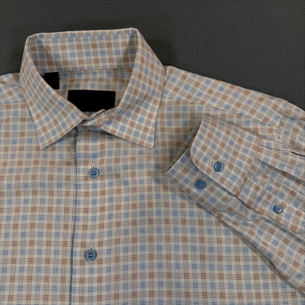 David Donahue Mens Blue Tan Plaid Cotton Long Sleeve Button Down Dress Shirt 16